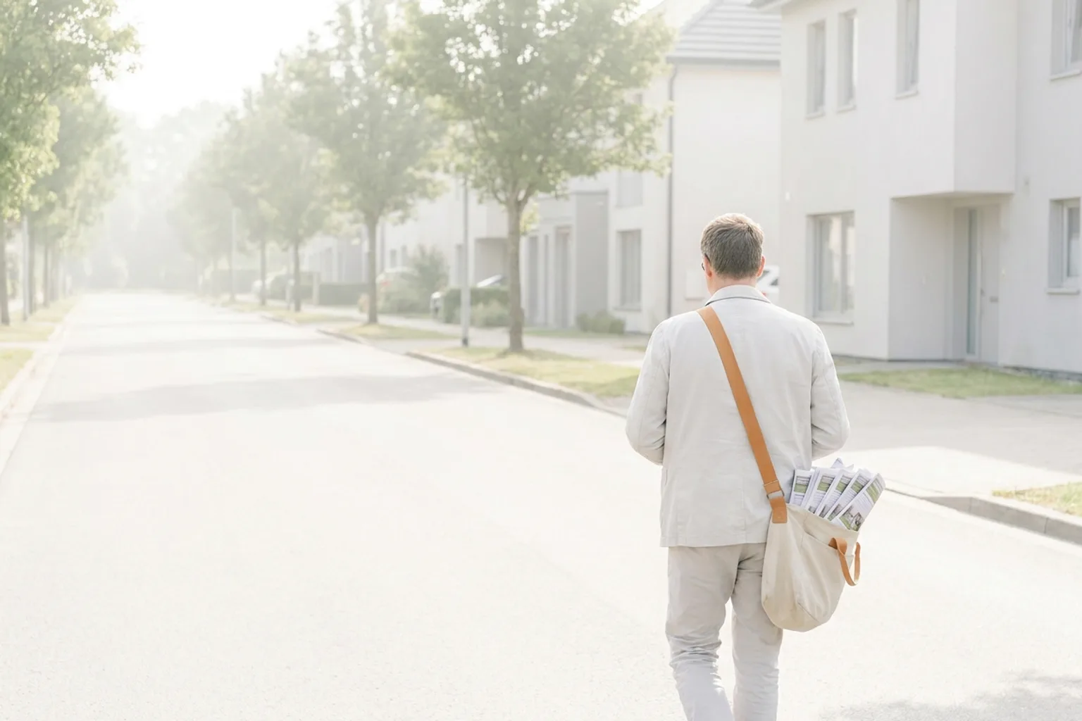 Rue résidentielle au petit matin, distributeur de dos s'éloignant avec une besace de toile chargée d'imprimés