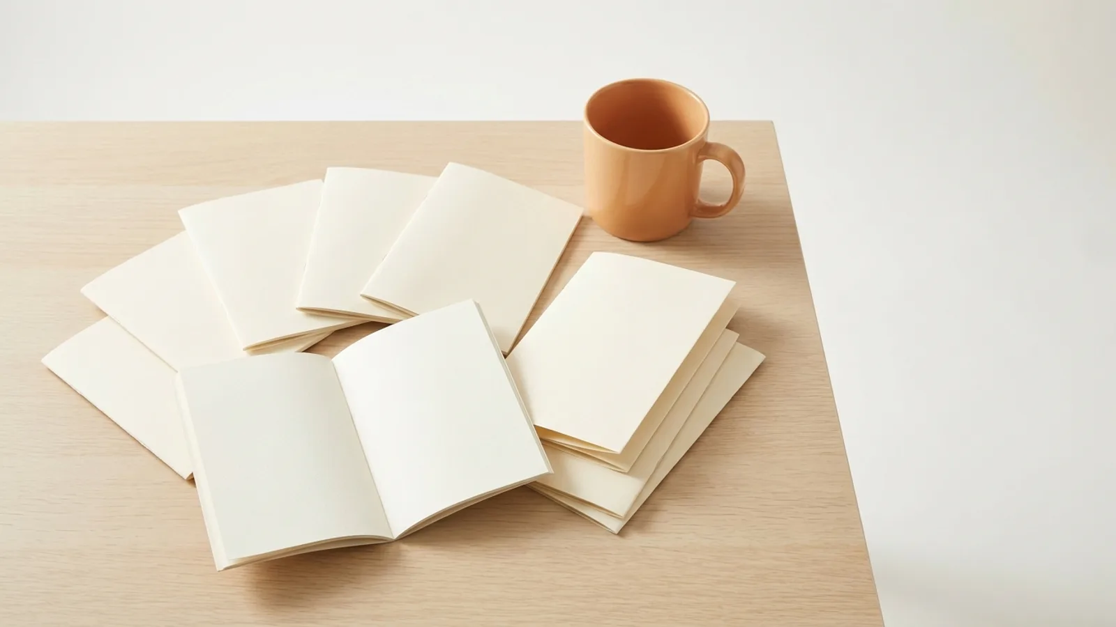 Livrets et feuillets vierges étalés en éventail sur une table claire