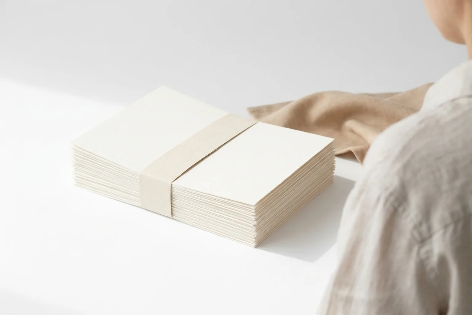 Paquet de tracts serré par une bande de papier, posé sur fond blanc en lumière rasante