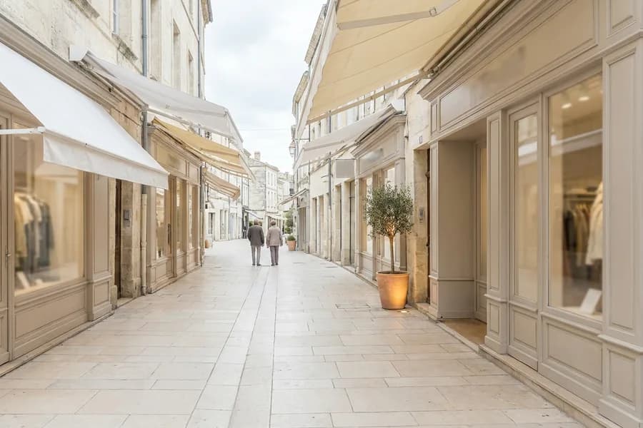 Rue piétonne commerçante lumineuse, pavés clairs et stores de toile au-dessus des vitrines