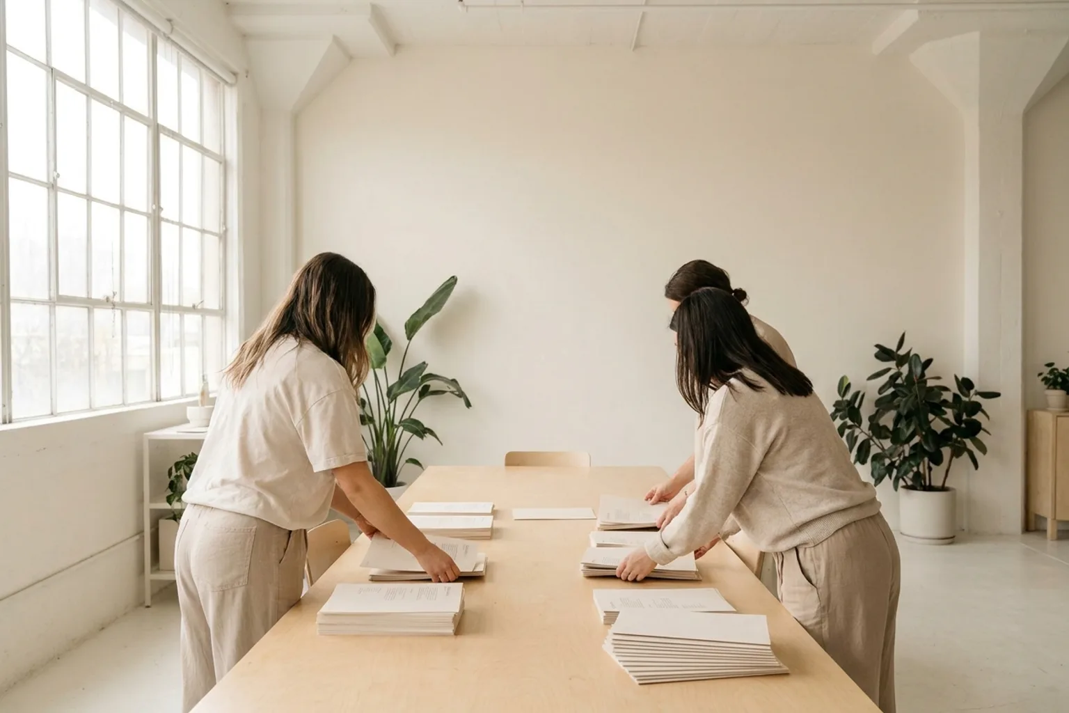 Atelier lumineux, trois personnes de dos triant des piles d'imprimés autour d'une longue table claire