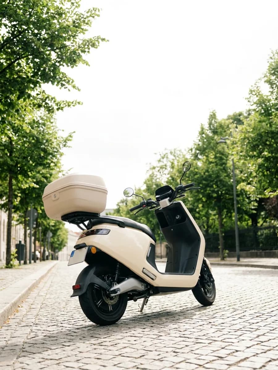 Scooter électrique clair équipé d'un top-case, garé dans une rue bordée d'arbres