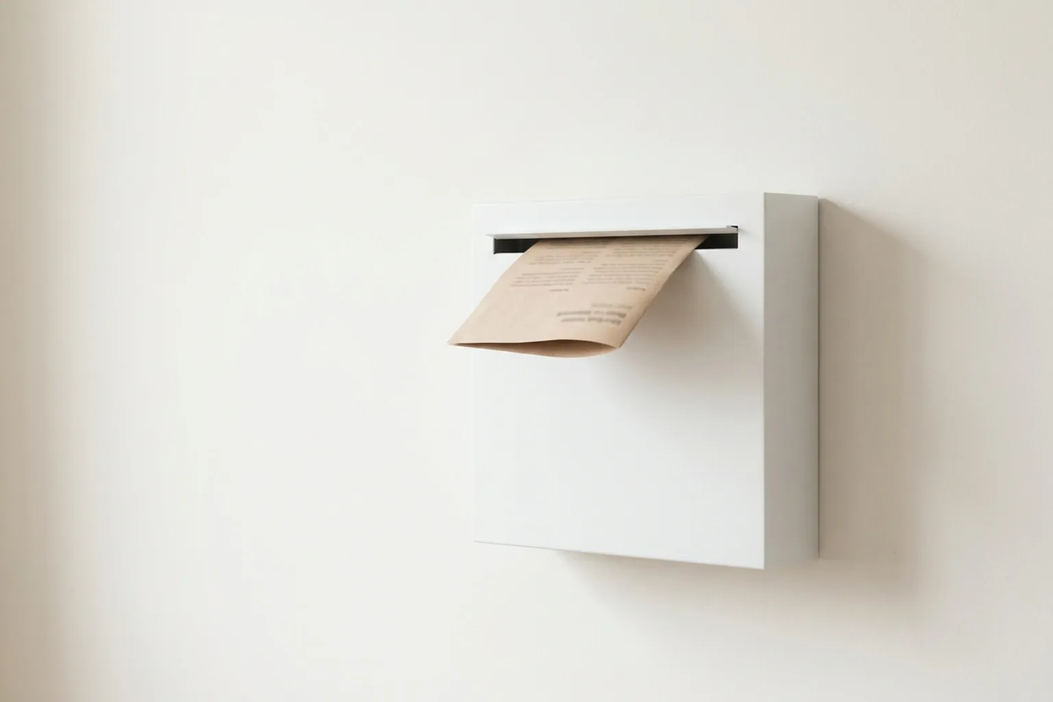 Boîte aux lettres blanche sur un mur clair, un imprimé plié engagé à moitié dans la fente