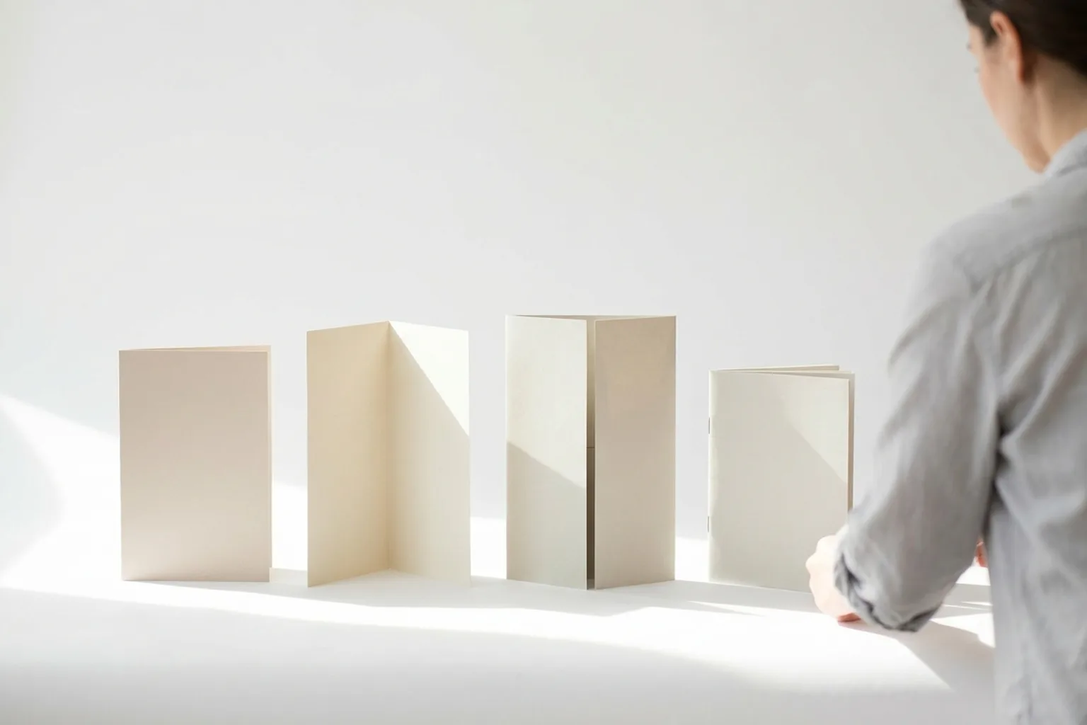 Rangée d'imprimés de formats différents dressés sur la tranche sur fond blanc, du feuillet simple au livret