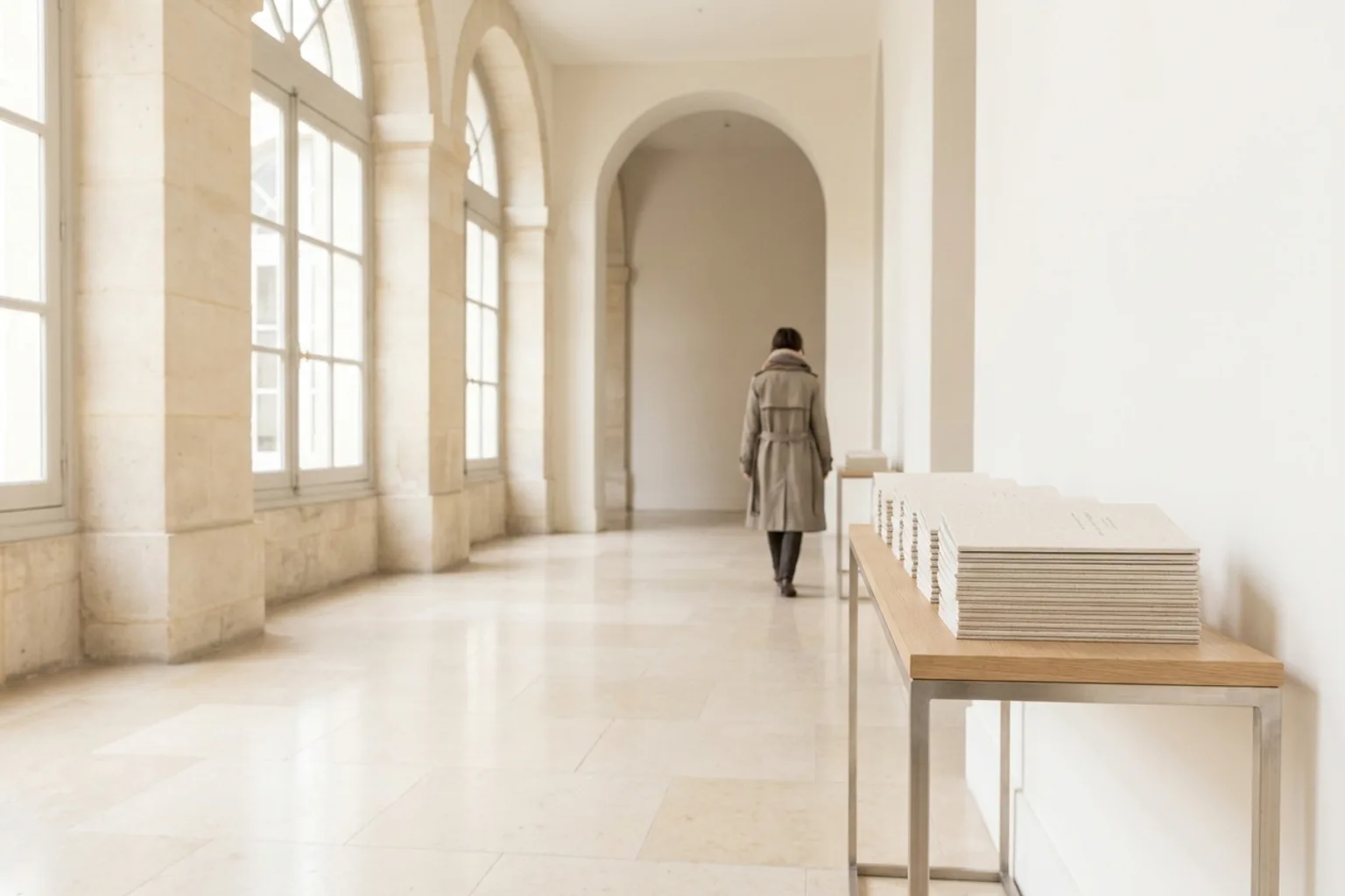 Hall d'entrée lumineux d'un bâtiment public, pile de livrets municipaux sur une console claire