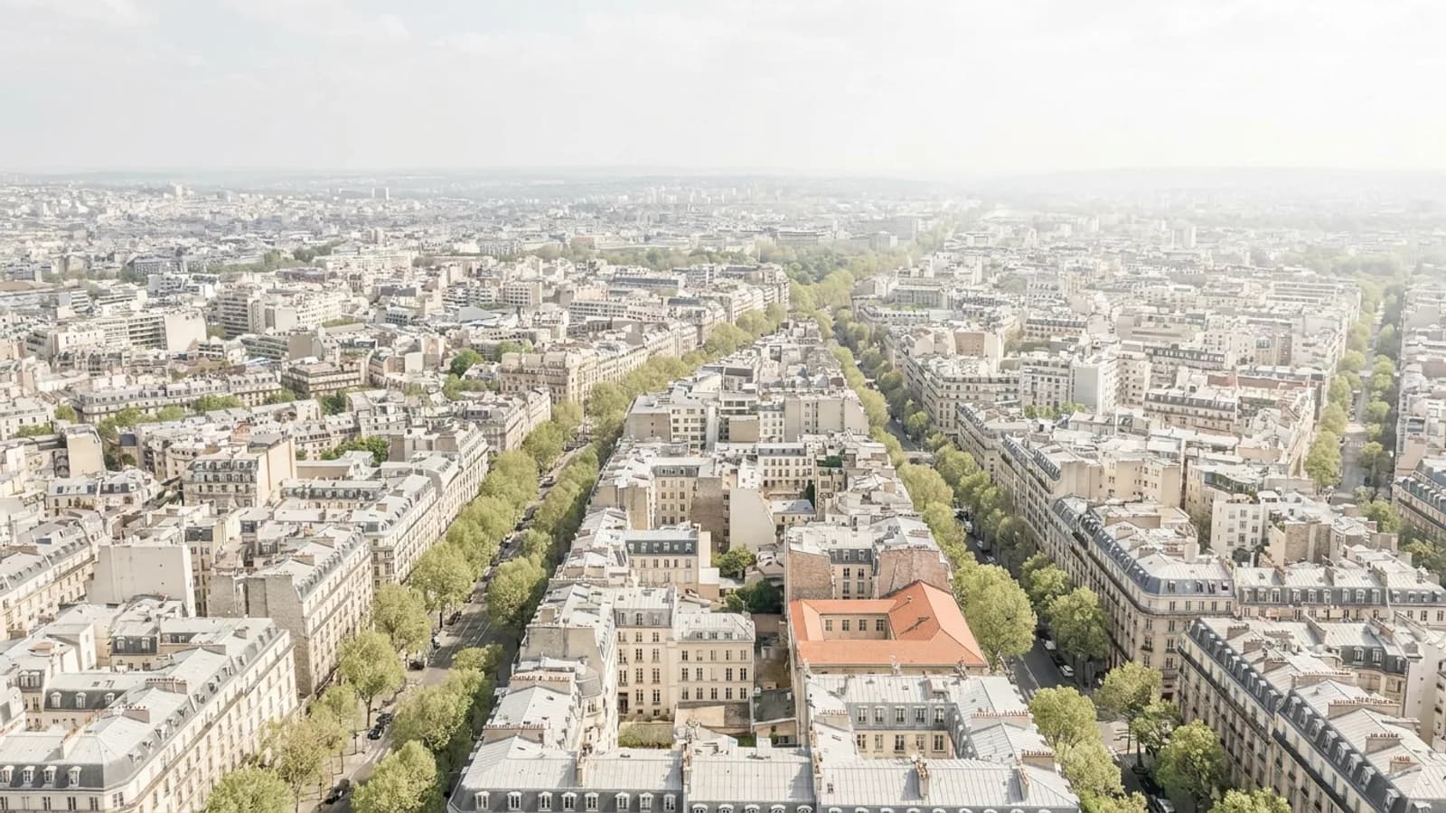 Vue aérienne d'une agglomération française en lumière douce, toitures claires et avenues plantées